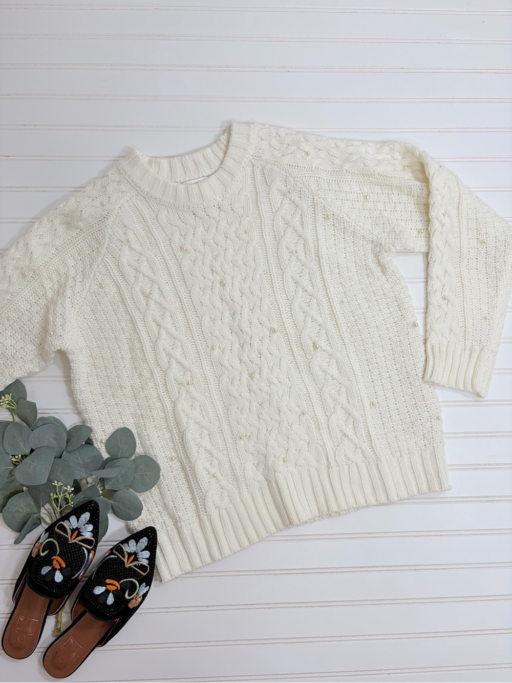 BETTER BE Cable Knit Pearl Embellished Sweater